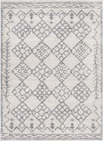 Close-up of the Bow Area Rug, a machine-woven rug with a beige and charcoal geometric pattern. Design-Rectangle-5373