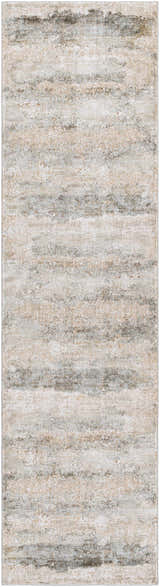 Close-up of a Bowdoinham Thick Luxe Boutique Rug. Features charcoal, taupe, sage, and white hues in a contemporary, distressed pattern. Design-Runner-2710