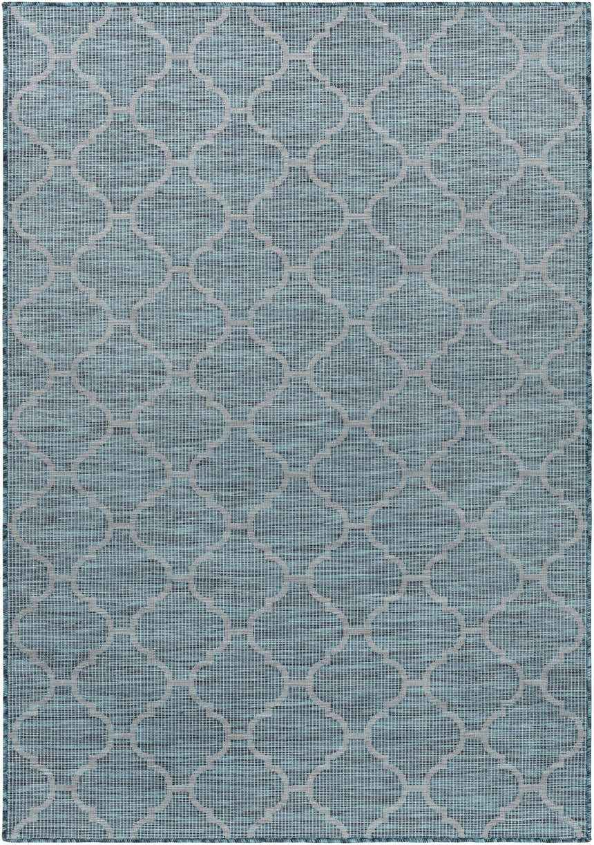 Close-up of Unique Outdoor Trellis Area Rug, teal and black. Features a contemporary geometric lattice pattern. Design-Rectangle-537