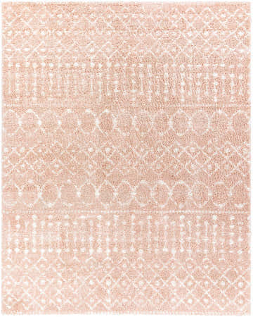 Close-up of a Blush Plush Area Rug with a cream geometric pattern and a soft, shag texture. Design-Rectangle-71010