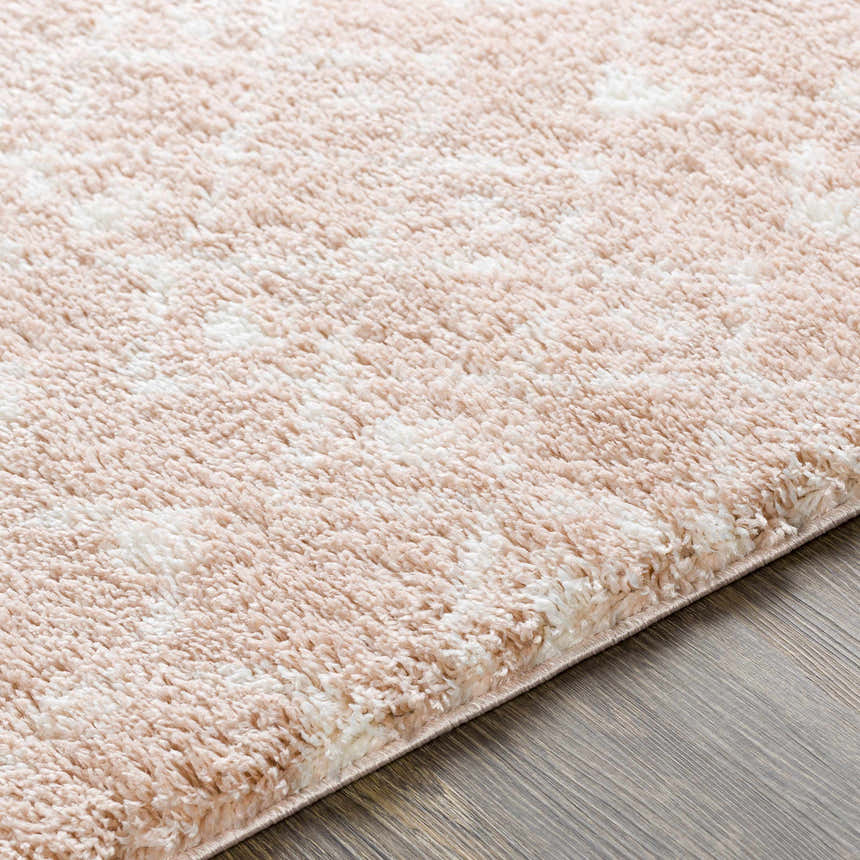 Close-up of the Blush Plush Area Rug showing its soft texture, blush and cream colors, and subtle pattern. Texture
