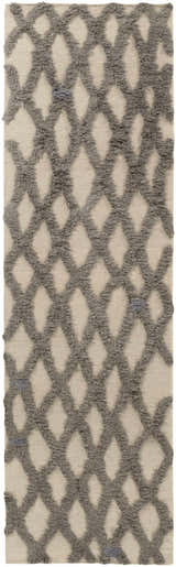 Close-up of the Clare Area Carpet, a hand-woven wool rug with a charcoal trellis pattern on a medium gray background. Design-Runner
