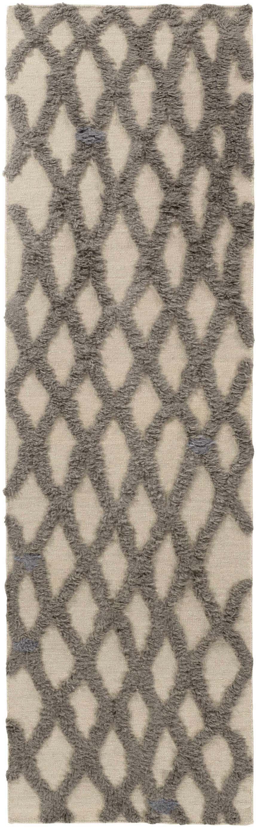 Close-up of the Clare Area Carpet, a hand-woven wool rug with a charcoal trellis pattern on a medium gray background. Design-Runner