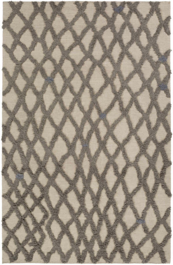 Close-up of Clare Area Carpet; charcoal shag diamonds on a medium gray wool, hand-woven rug. Design-Rectangle