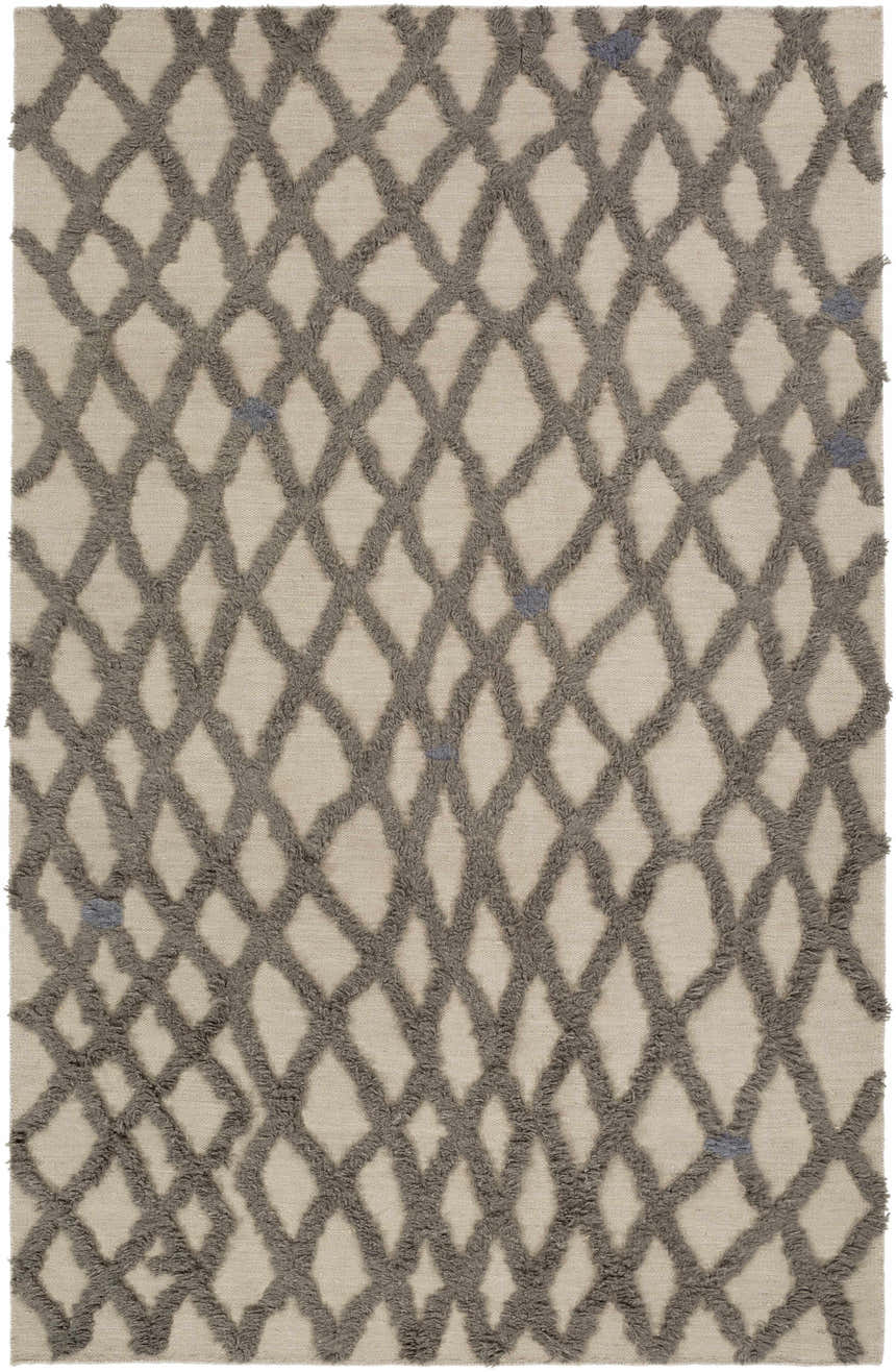 Close-up of Clare Area Carpet; charcoal shag diamonds on a medium gray wool, hand-woven rug. Design-Rectangle