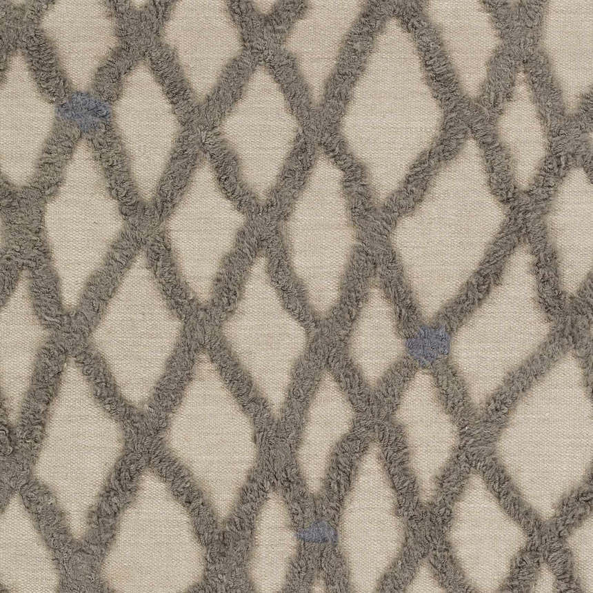 Close-up of Clare Area Carpet. Hand woven wool shag rug with charcoal diamond pattern on a medium gray background. Swatch