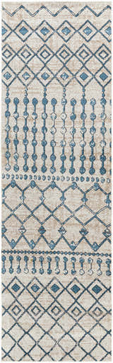 Close-up of Cabognon Washable Area Rug with blue geometric pattern on light beige background. Farmhouse style. Design-Runner-2773
