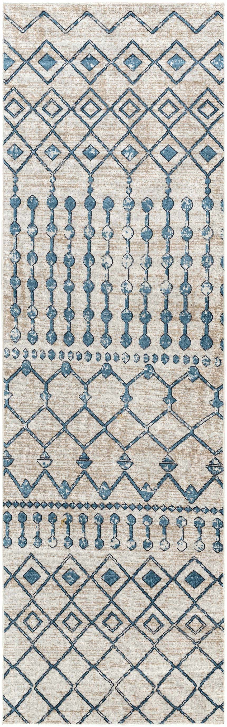 Close-up of Cabognon Washable Area Rug with blue geometric pattern on light beige background. Farmhouse style. Design-Runner-2773