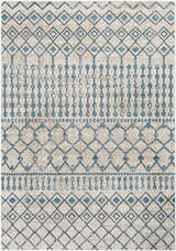 Close-up of the Cabognon Washable Area Rug. Features a geometric pattern in blue, ink blue, light beige, and light gray. Design-Rectangle-537