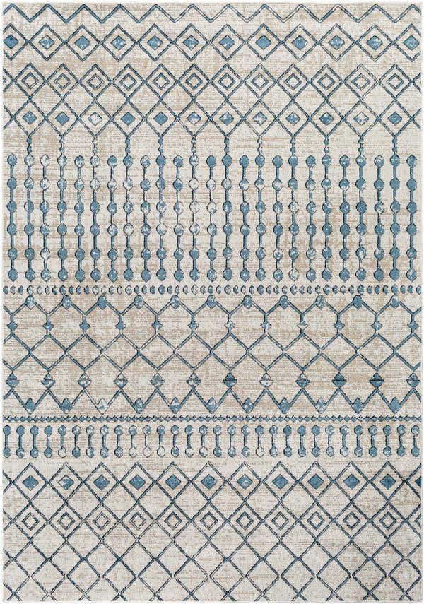 Close-up of the Cabognon Washable Area Rug. Features a geometric pattern in blue, ink blue, light beige, and light gray. Design-Rectangle-537