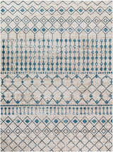 Close-up of the Cabognon Washable Area Rug. Farmhouse style with geometric blue and beige pattern. Machine woven polyester rug. Design-Rectangle-71010