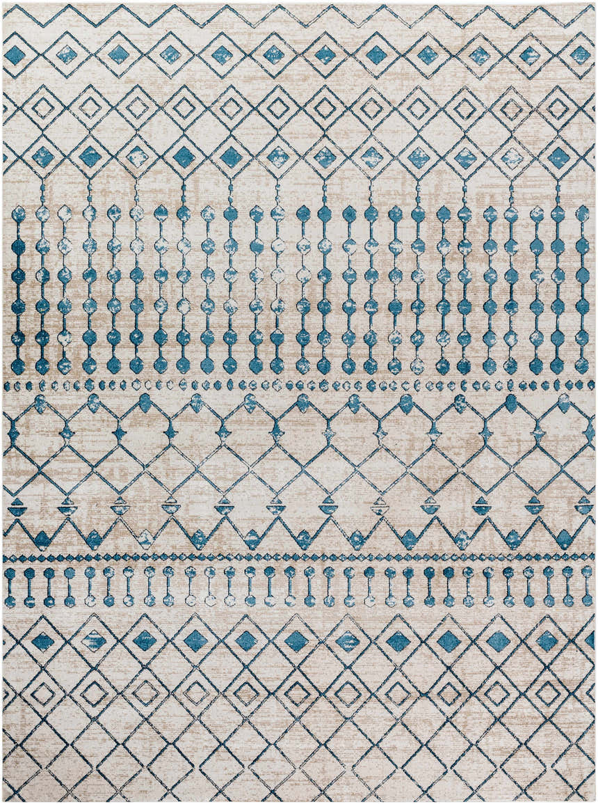 Close-up of the Cabognon Washable Area Rug. Farmhouse style with geometric blue and beige pattern. Machine woven polyester rug. Design-Rectangle-71010