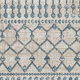 Close-up of the Cabognon Washable Area Rug. Features a blue geometric pattern on a light beige background. Texture