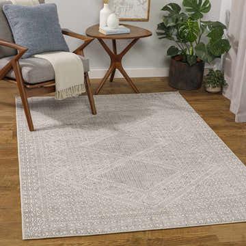 Living room scene with Calubian Area Rug in cloud gray, gray, and nutmeg colors. Contemporary, farmhouse style. Roomscene-Rectangle