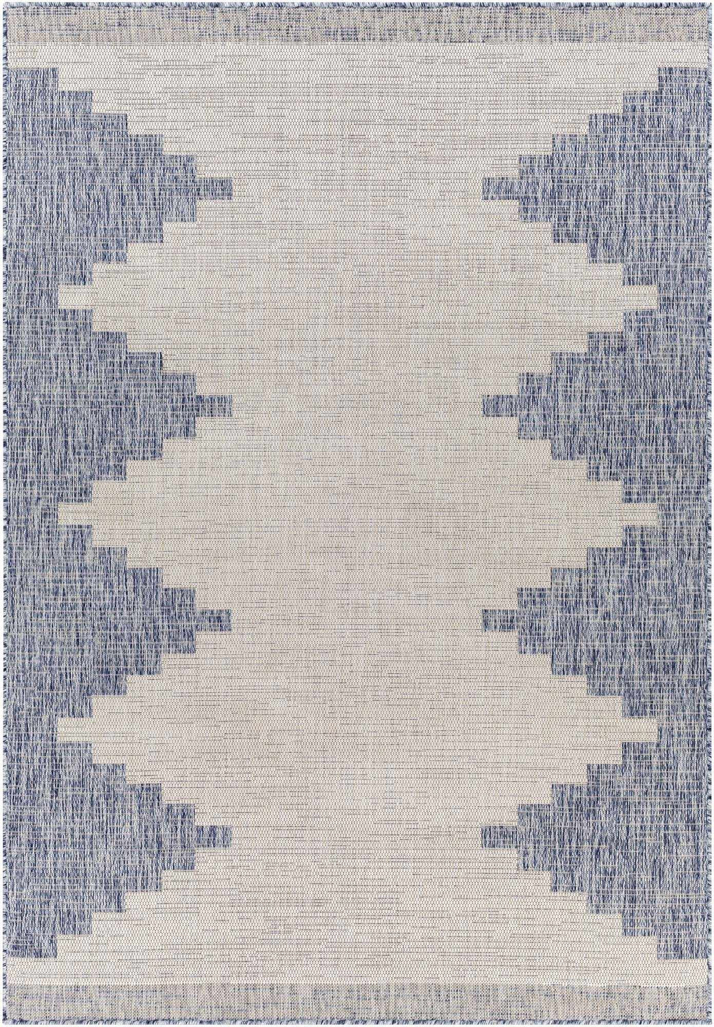 Close-up of the Djugun Blue Outdoor Rug featuring a geometric pattern in navy and off-white. Design-Rectangle-5377