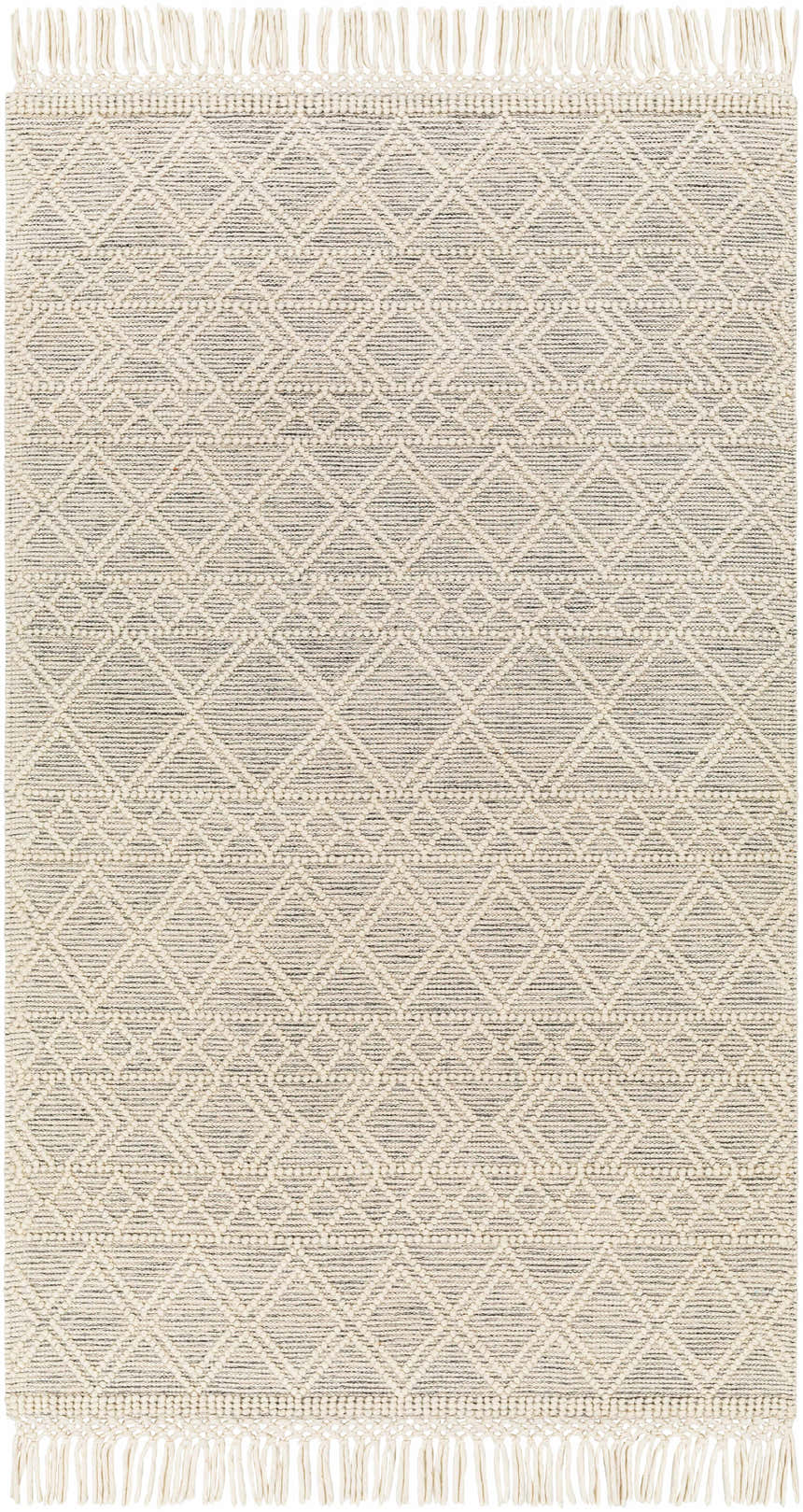 Close-up of the Cameo Scandi Wool Rug. Bone and gray geometric pattern with fringe detail. Farmhouse style. Design-Rectangle-58