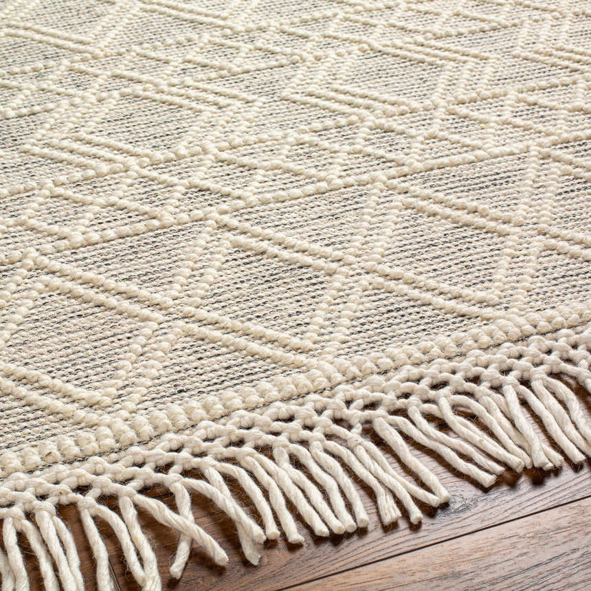 Close-up of Cameo Scandi Wool Rug in bone. Features geometric pattern, hand-woven texture, and knotted fringe detail. Texture