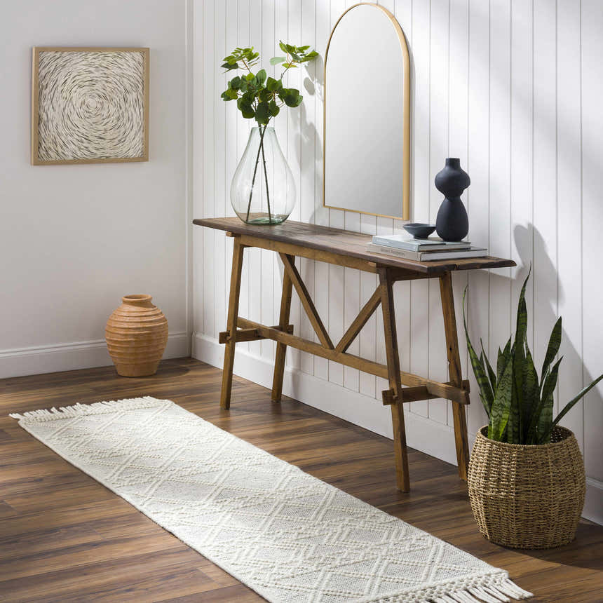 Entryway with Cameo Scandi Wool Rug runner, wood console table, mirror, and plants. Farmhouse style, bone color rug. Roomscene-Runner