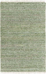 Close-up of the hand woven Campti Area Carpet. Aqua, grass green, ivory, light green, and rust colors. Wool and viscose blend. Design-Rectangle-576