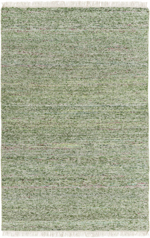 Close-up of the hand woven Campti Area Carpet. Aqua, grass green, ivory, light green, and rust colors. Wool and viscose blend. Design-Rectangle-576