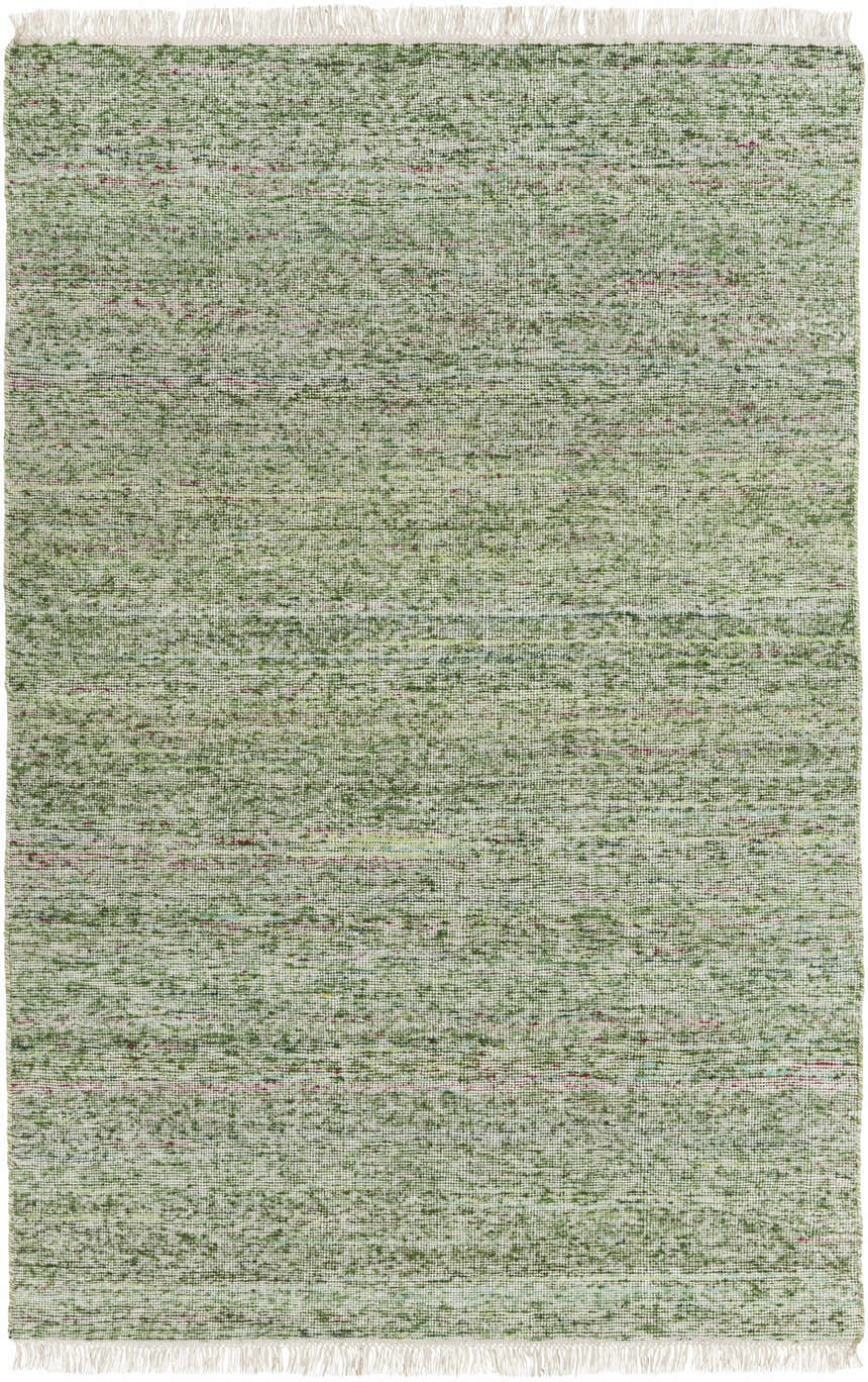 Close-up of the hand woven Campti Area Carpet. Aqua, grass green, ivory, light green, and rust colors. Wool and viscose blend. Design-Rectangle-576