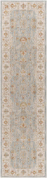 Close-up of the Camrose Thick Luxe Statement Rug. Oriental rug design in light beige, denim blue, and brick red tones. Design-Runner-2710