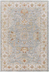 Close-up of the Camrose Thick Luxe Statement Rug. Features a traditional oriental pattern in light beige, gray, and brick red. Design-Rectangle-575