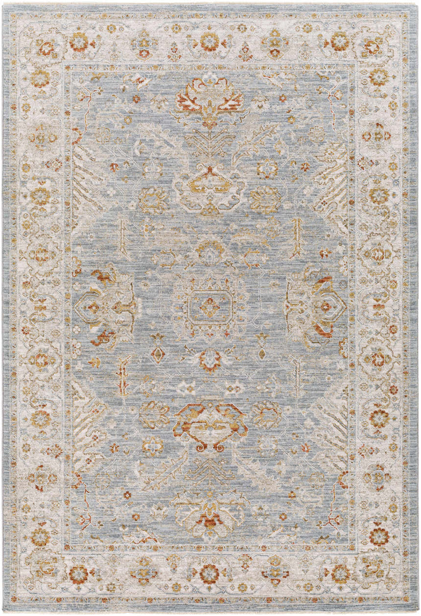 Close-up of the Camrose Thick Luxe Statement Rug. Features a traditional oriental pattern in light beige, gray, and brick red. Design-Rectangle-575