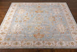 Close-up of the Camrose Thick Luxe Statement Rug, a traditional rug in light blue, beige, and warm orange tones. Front