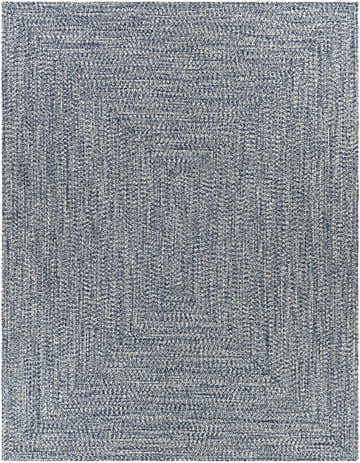 Close-up of a Blue Braided Faux Jute Rug. Features a textured, woven pattern in denim, cream, and charcoal hues. Design-Rectangle-7696