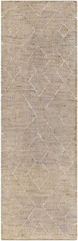Close-up of the Carine Jute Area Rug. Hand-woven natural jute rug with a geometric diamond pattern in beige and ivory. Design-Runner-268