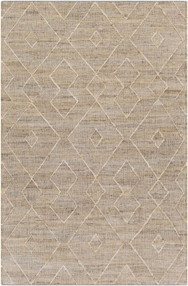 Close-up of the beige Carine Jute Area Rug featuring a diamond pattern and hand-woven texture. Design-Rectangle-576