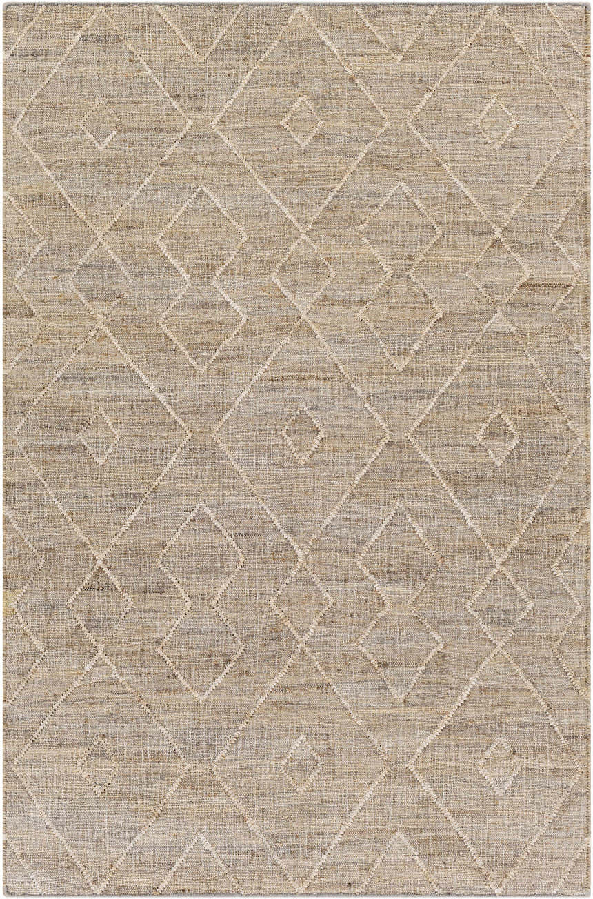 Close-up of the beige Carine Jute Area Rug featuring a diamond pattern and hand-woven texture. Design-Rectangle-576