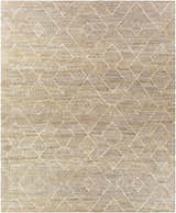 Close-up of the Carine Jute Area Rug. Beige and brown jute rug with a geometric diamond pattern. Hand woven texture. Design-Rectangle-810