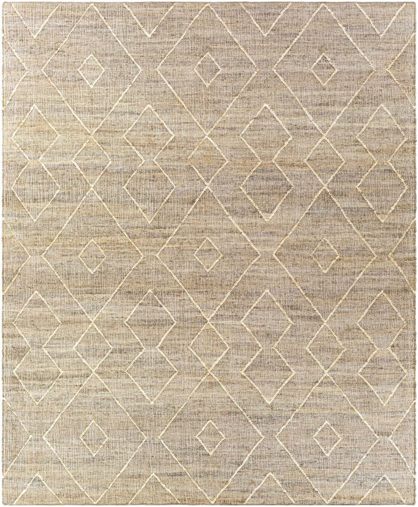 Close-up of the Carine Jute Area Rug. Beige and brown jute rug with a geometric diamond pattern. Hand woven texture. Design-Rectangle-810