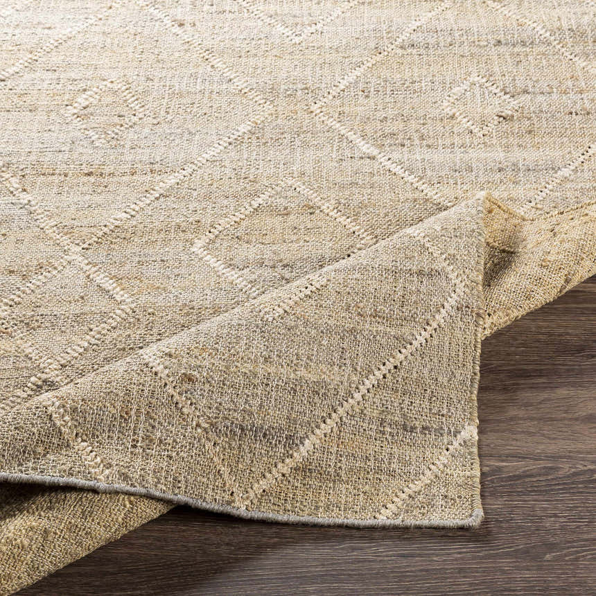 Close-up of the beige Carine Jute Area Rug showing its hand-woven texture and geometric pattern on a dark wood floor. Fold
