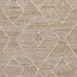 Close-up of the hand-woven Carine Jute Area Rug, featuring a beige diamond pattern on natural jute. Bohemian style. Swatch
