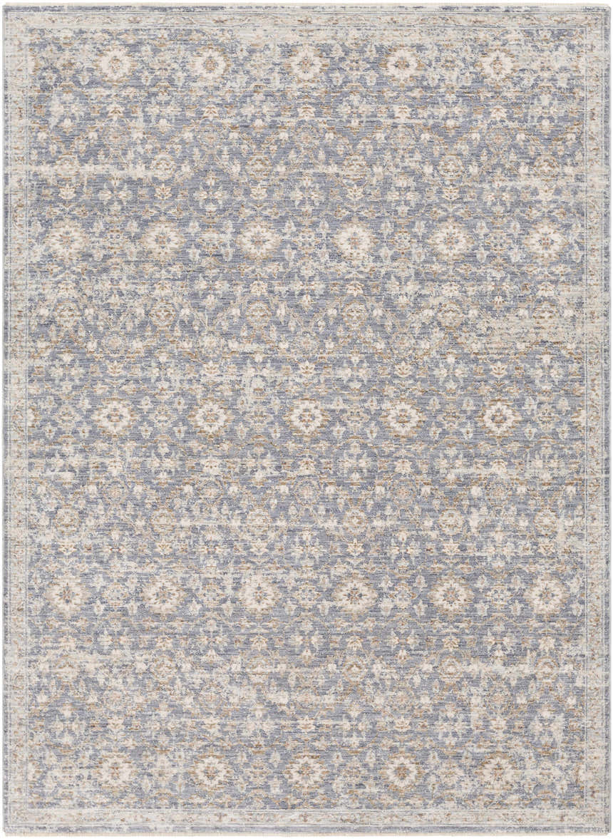 Close-up of the Carlton Area Rug, featuring a traditional floral pattern in denim, taupe, and cream hues. Design-Rectangle-582