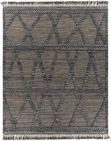Close-up of the Caromatan Premium Handmade Wool Rug. Gray wool rug with a geometric striped design and fringe. Design-Rectangle-810