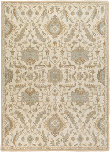 Close-up of the hand-tufted Carrolltown Area Rug. Cream wool rug with traditional light brown, olive, and dusty sage floral pattern. Design-Rectangle-811