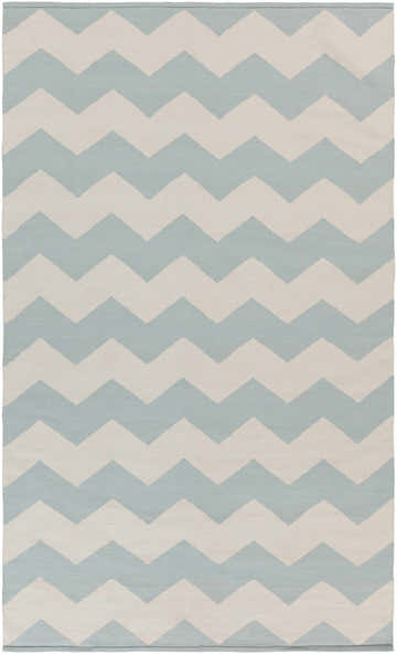 Close-up of Caswell Area Rug. Hand-woven cotton rug with ice blue and ivory chevron pattern. Contemporary style. Design-Rectangle-58