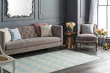 Living room scene with a blue and ivory Caswell Area Rug, gray sofa, and accent chair. Roomscene-Rectangle