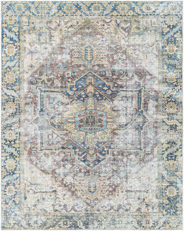 Detailed pattern of the Blue Catigpian Distressed Washable Area Rug, featuring dark gray, light gray, and multi-brown hues. Design-Rectangle-7696