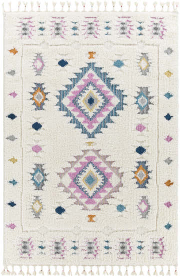 Close-up of the Catungan Area Rug. White shag rug with bohemian diamond pattern in aqua, blue, lavender, and burnt orange. Design-Rectangle-537