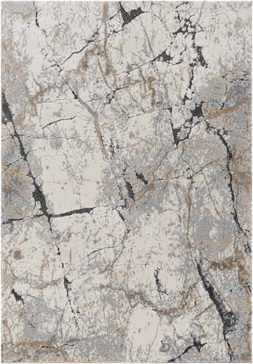 Close-up of the Cavetown Gray Marble Thick Rug, showcasing its charcoal, gray, ivory, and tan marble-like pattern. Design-Rectangle-5373