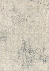 Close-up of the Cayuga Area Rug featuring a contemporary off-white, sage, and dark blue abstract pattern. Design-Rectangle-69