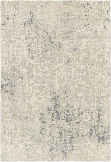 Close-up of the Cayuga Area Rug featuring a contemporary off-white, sage, and dark blue abstract pattern. Design-Rectangle-69