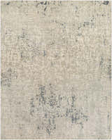 Close-up of the Cayuga Area Rug. Hand-knotted silk rug in off-white, light sage, and dark blue with a contemporary abstract design. Design-Rectangle-810