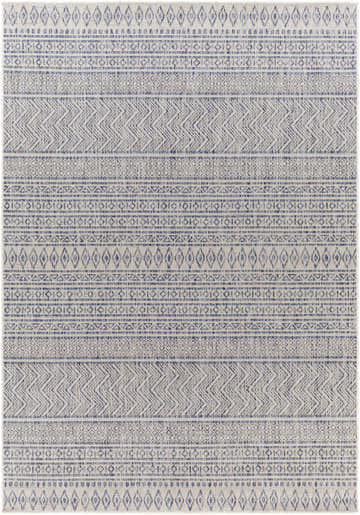 Close-up of the Madras Navy All Over Performance Rug with a bohemian-inspired geometric pattern in blue, gray, and oatmeal hues. Design-Rectangle-537