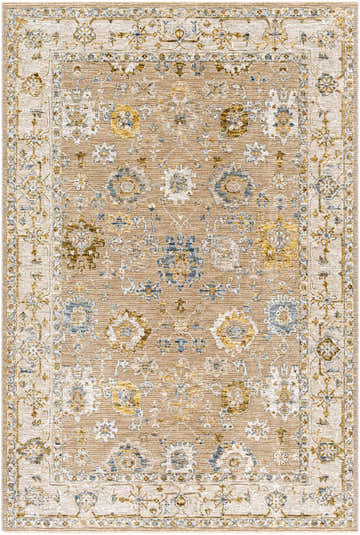 Close-up of the Cabinteely Luxe Oushak Rug. Features a traditional floral pattern in cream, denim, mustard, and light brown tones. Design-Rectangle-575